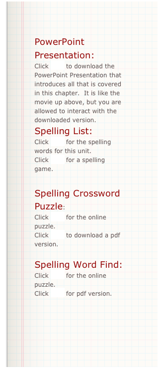 PowerPoint Presentation:
Click here to download the PowerPoint Presentation that introduces all that is covered in this chapter.  It is like the movie up above, but you are allowed to interact with the downloaded version.
Spelling List:
Click here for the spelling words for this unit.
Click here for a spelling game.

Spelling Crossword Puzzle: 
Click here for the online puzzle.  
Click here to download a pdf version.

Spelling Word Find: 
Click here for the online puzzle. 
Click here for pdf version.
